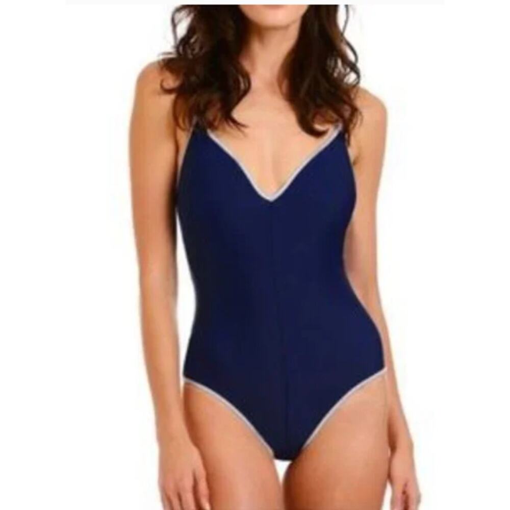 Sam Edelman Pop Solids One-Piece Swimsuit Women's M Navy Plunge V-Neck NWOT